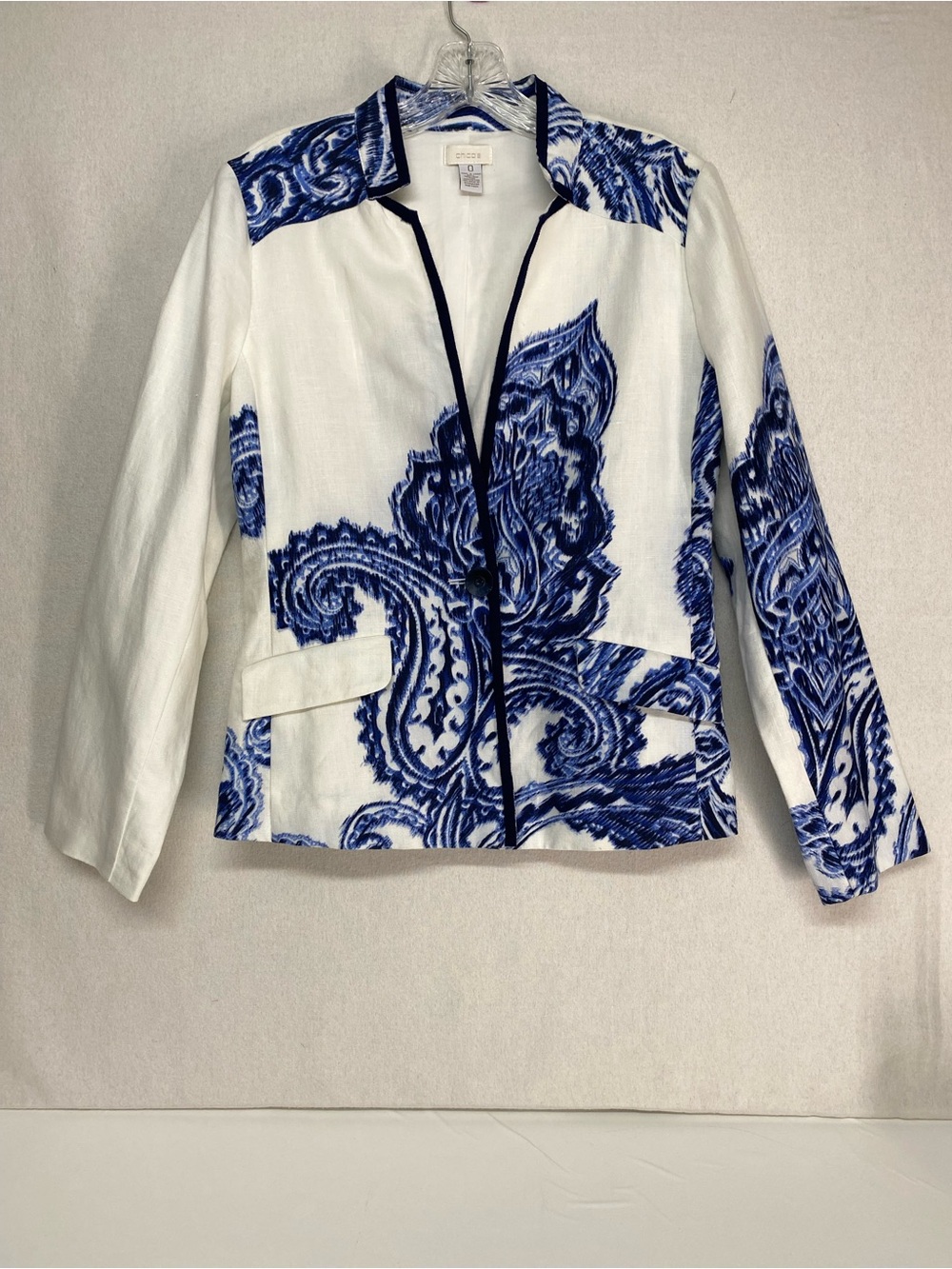 Chico's White Blue Paisley Linen Jacket Blazer 1 Button Closure Business Sz 0=Sm